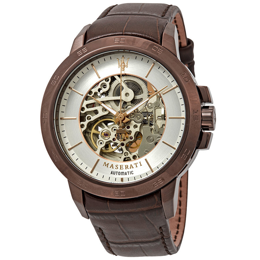 Maserati Ingegno automatic skeleton dial men's watch with brown leather strap, exposed mechanical movement, white dial