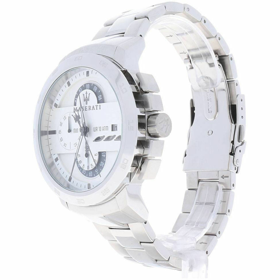 Maserati Ingegno chronograph watch side profile displaying stainless steel bracelet and case
