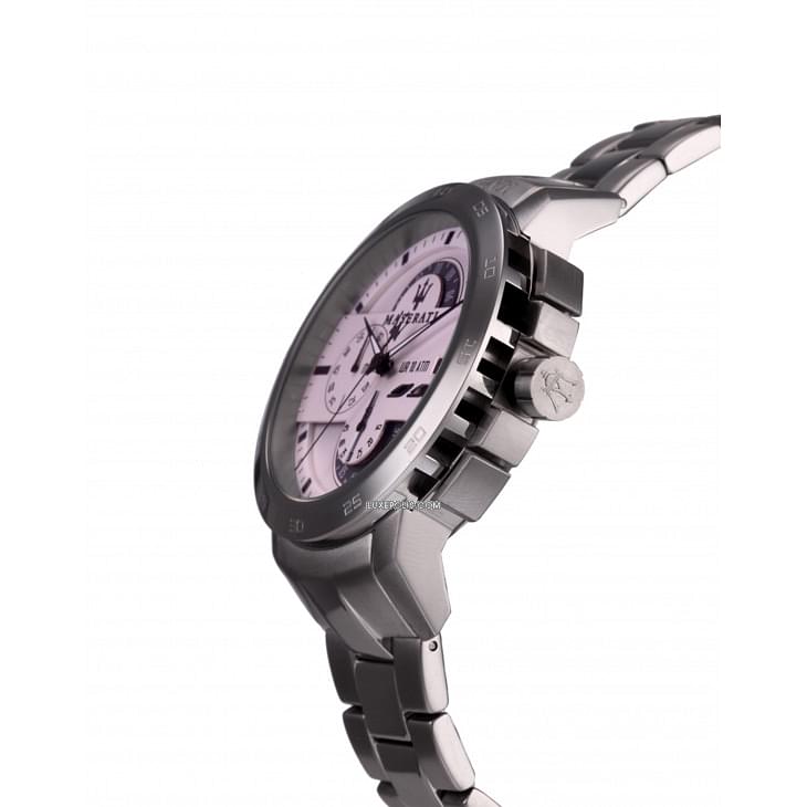 Maserati Ingegno watch side angle view showing black bezel and stainless steel case