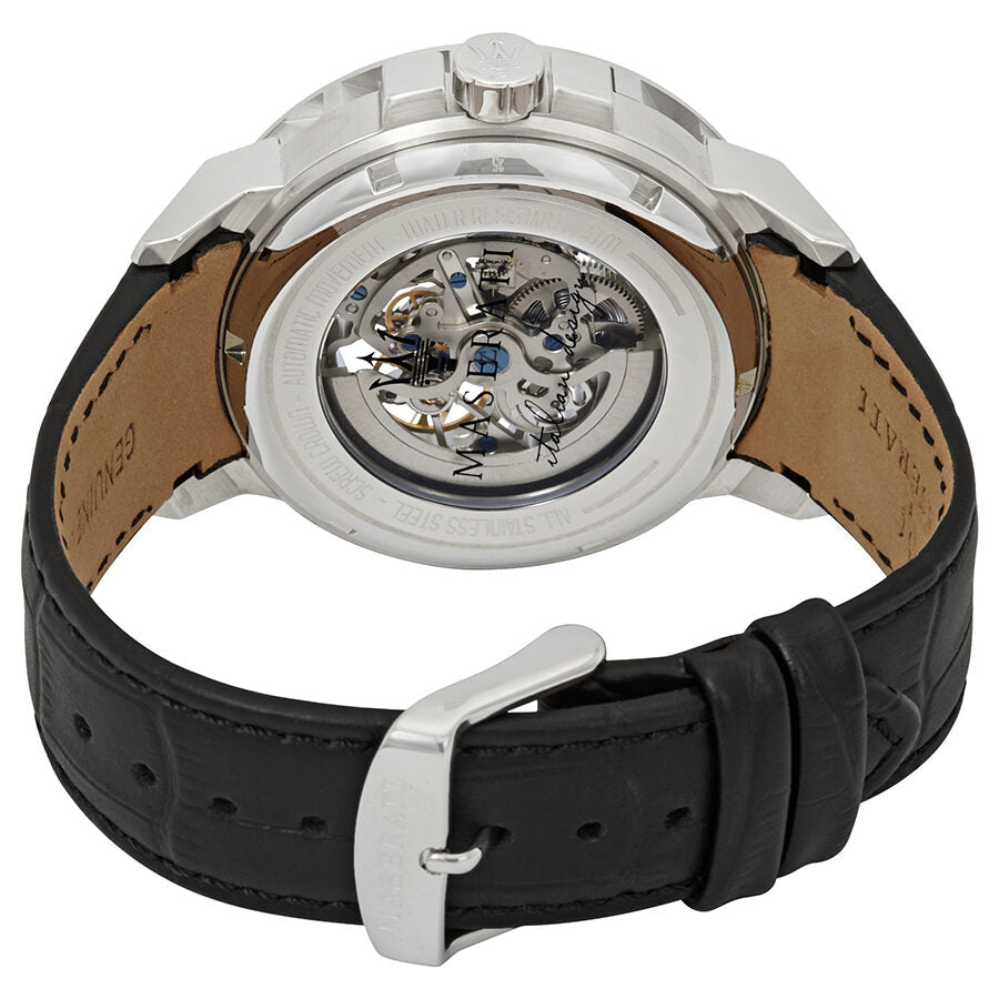 Maserati Ingegno watch back view displaying visible automatic movement and black leather strap
