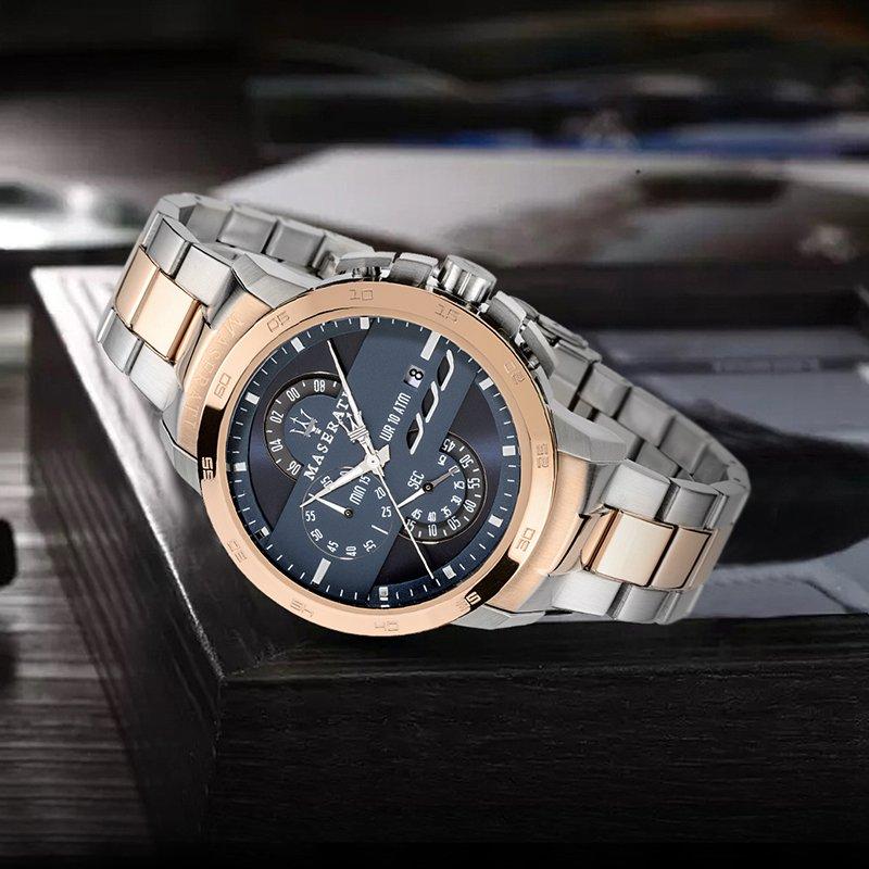Maserati Ingegno chronograph men's watch lifestyle shot on dark surface