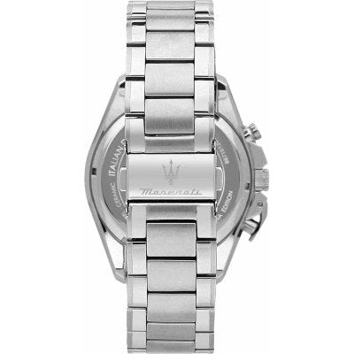 Maserati Modena chronograph watch caseback detail view with silver stainless steel construction