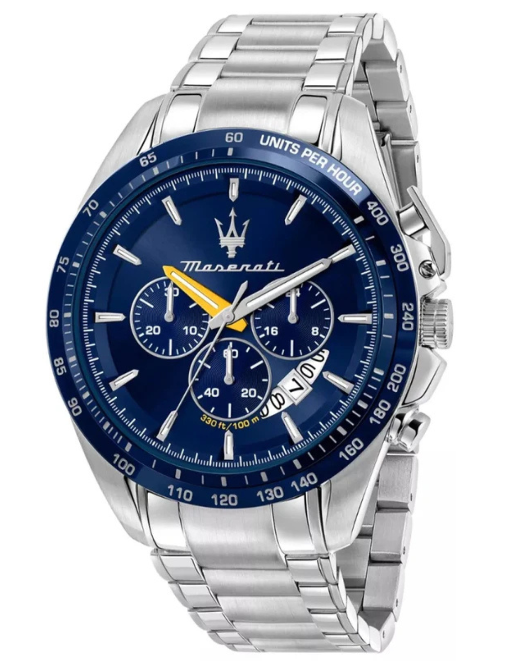 Maserati Modena chronograph watch with blue dial, silver stainless steel case and bracelet, yellow hands