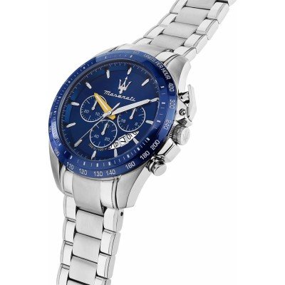 Maserati Modena chronograph watch side view with blue bezel and silver stainless steel bracelet