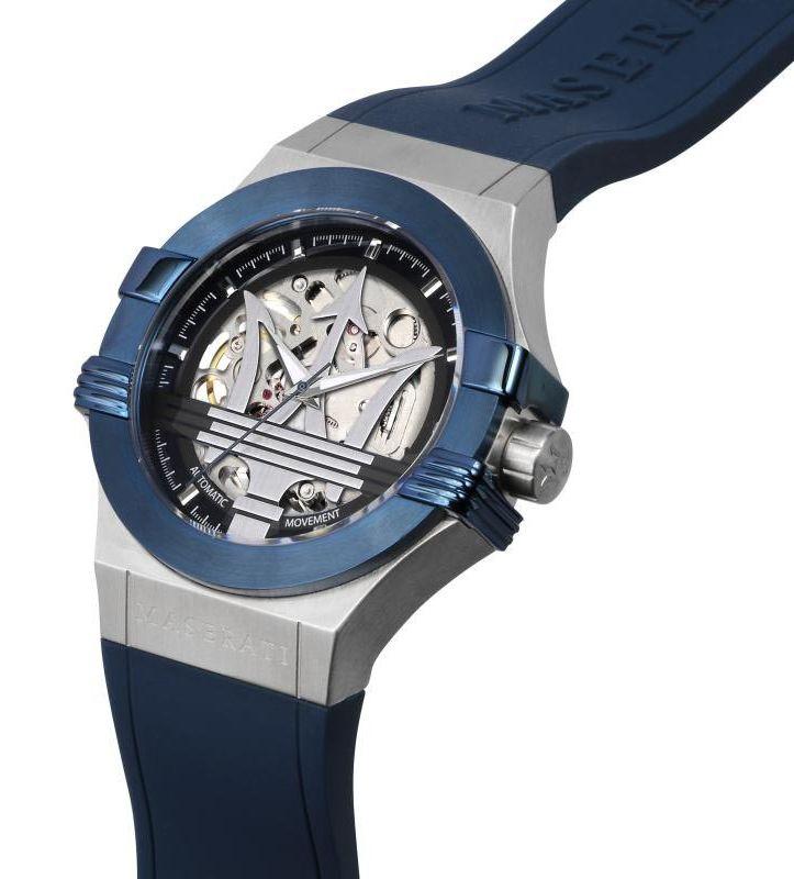 Maserati Potenza skeleton watch worn on wrist with navy strap