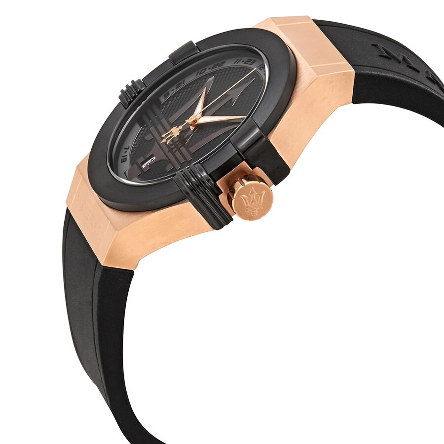 Maserati Potenza watch angled view showing rose gold case and black dial