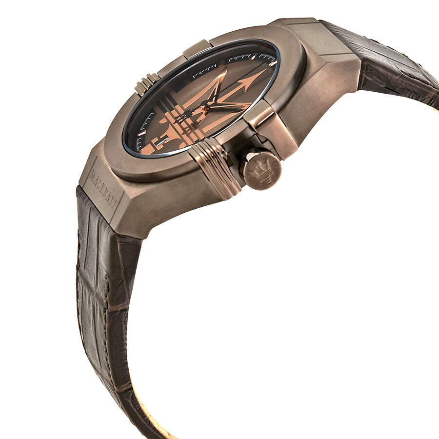 Side angle view of Maserati Potenza watch with brown leather strap