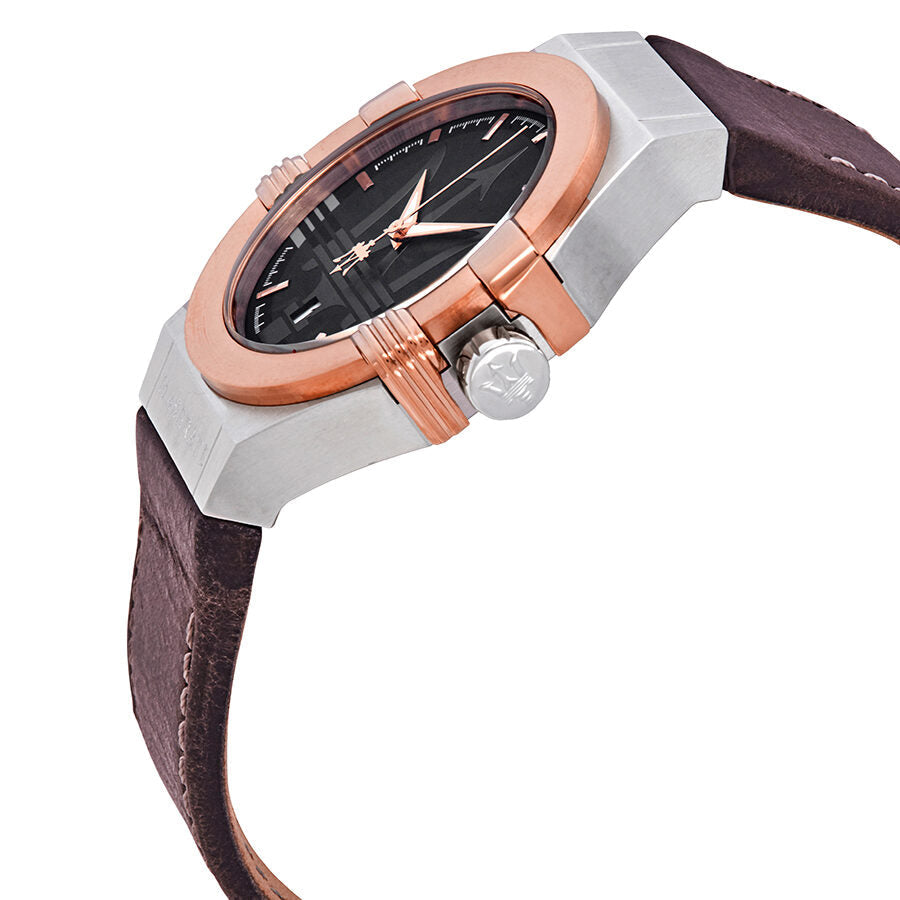 Maserati Potenza watch angled view showing brown leather strap and side profile