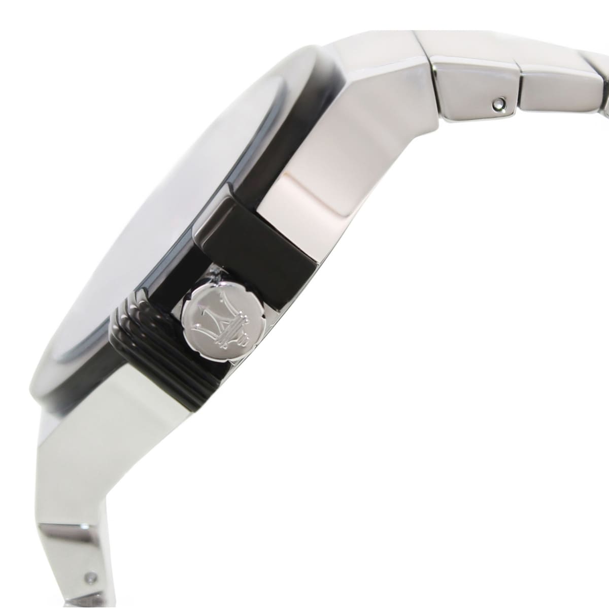 Maserati Potenza side view showing silver stainless steel case and mesh bracelet with black accent