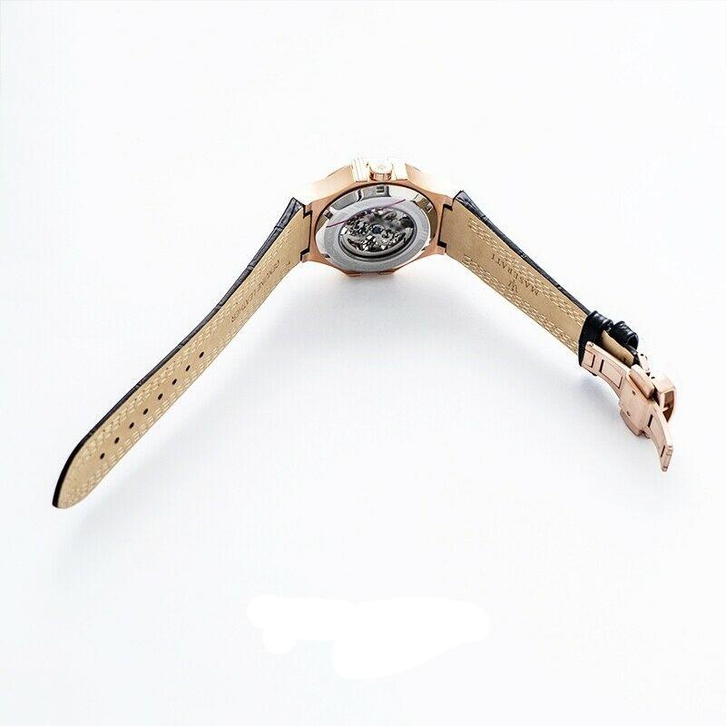 Case back view displaying skeleton dial mechanism and rose gold case with leather strap