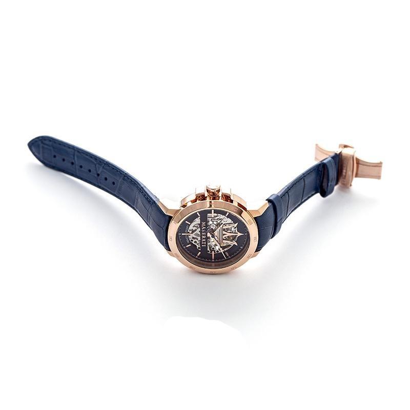 Maserati automatic watch with rose gold case and blue leather strap, angled view