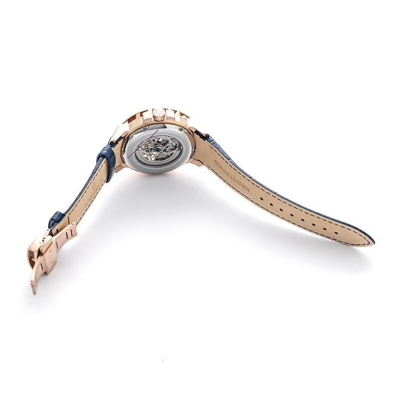 Maserati automatic watch caseback with skeleton movement visible through transparent case back