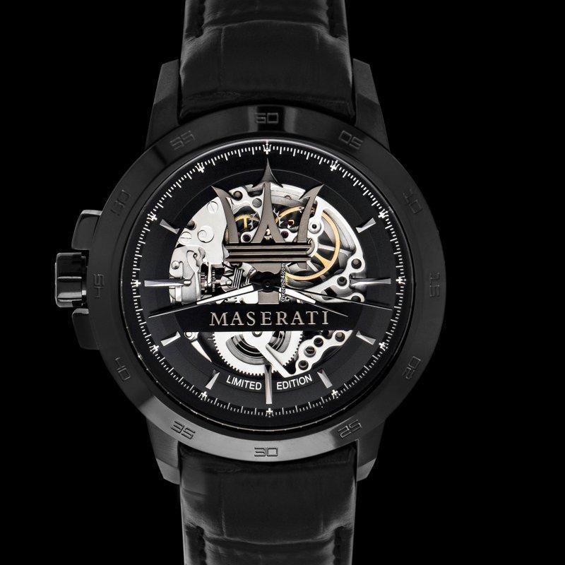 Front view of Maserati automatic men's watch with black dial and black leather strap