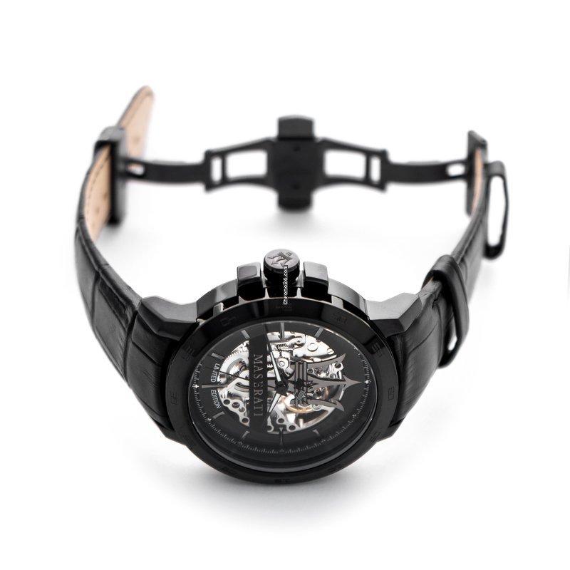 Maserati automatic watch with black leather strap worn on wrist, showing skeleton dial and case side