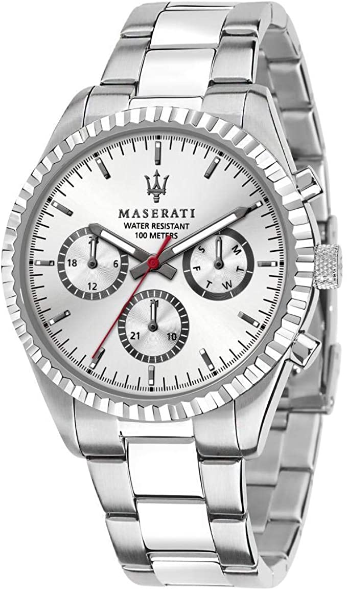 Maserati silver stainless steel watch with white dial and chronograph subdials