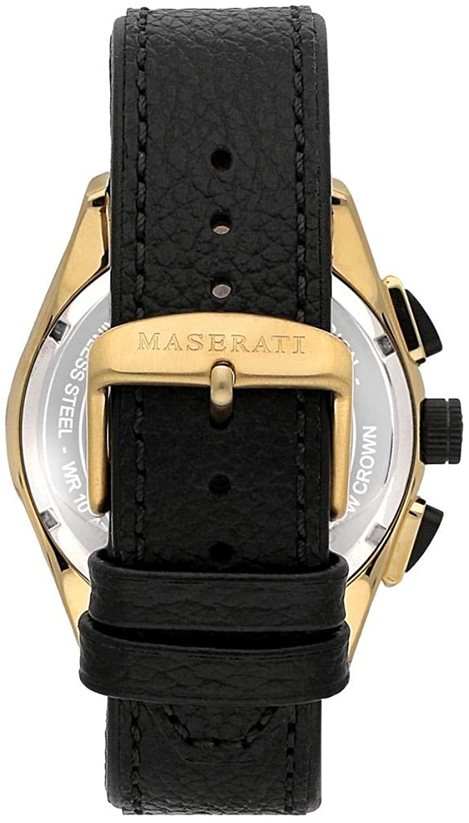 Back view of Maserati watch showing gold-tone case back and black leather strap