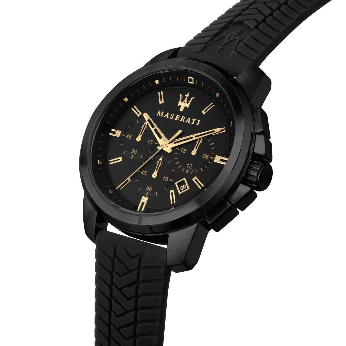 Angled view of Maserati black chronograph watch with gold markers and silicone strap