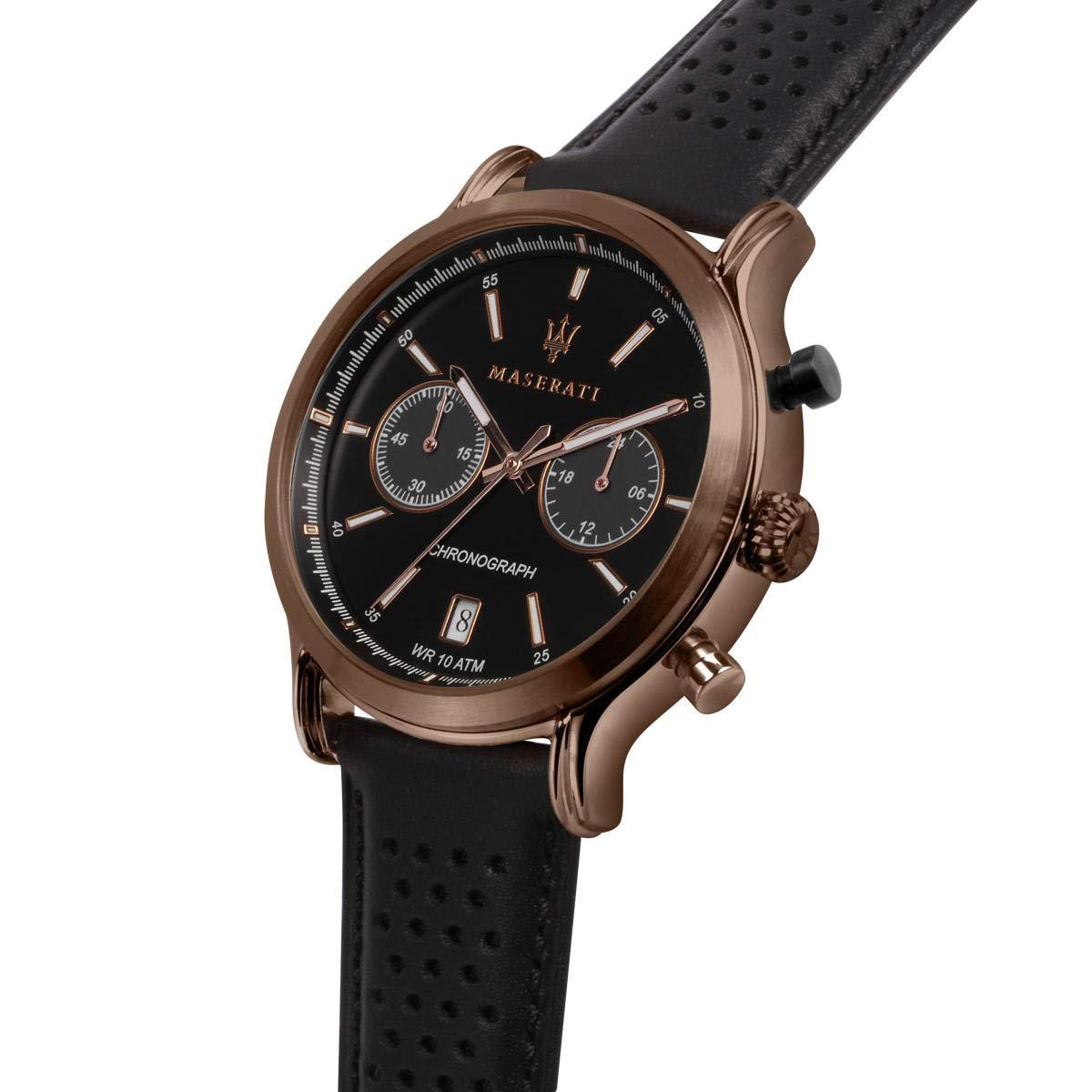 Angled view of Maserati chronograph with black dial and perforated leather strap