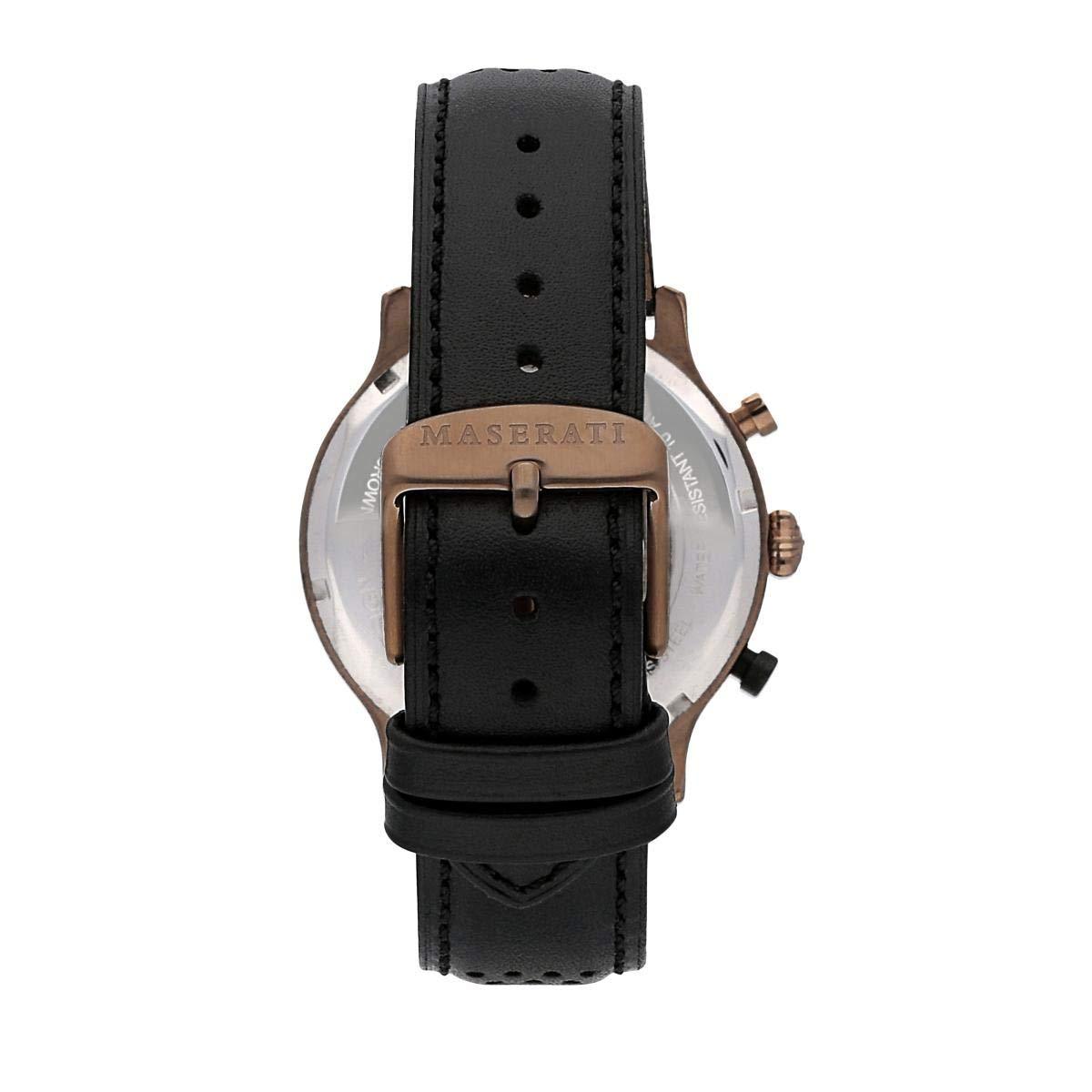 Caseback view of Maserati chronograph watch with rose gold case and black leather strap