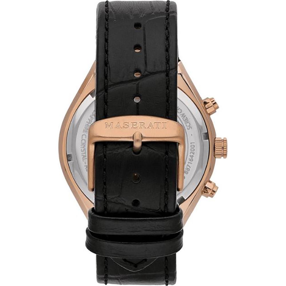 Maserati watch caseback showing rose gold case back and black leather strap