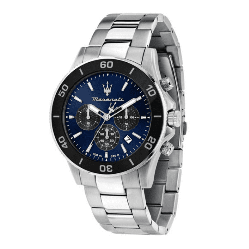 Maserati Competizione chronograph watch with blue dial and stainless steel bracelet