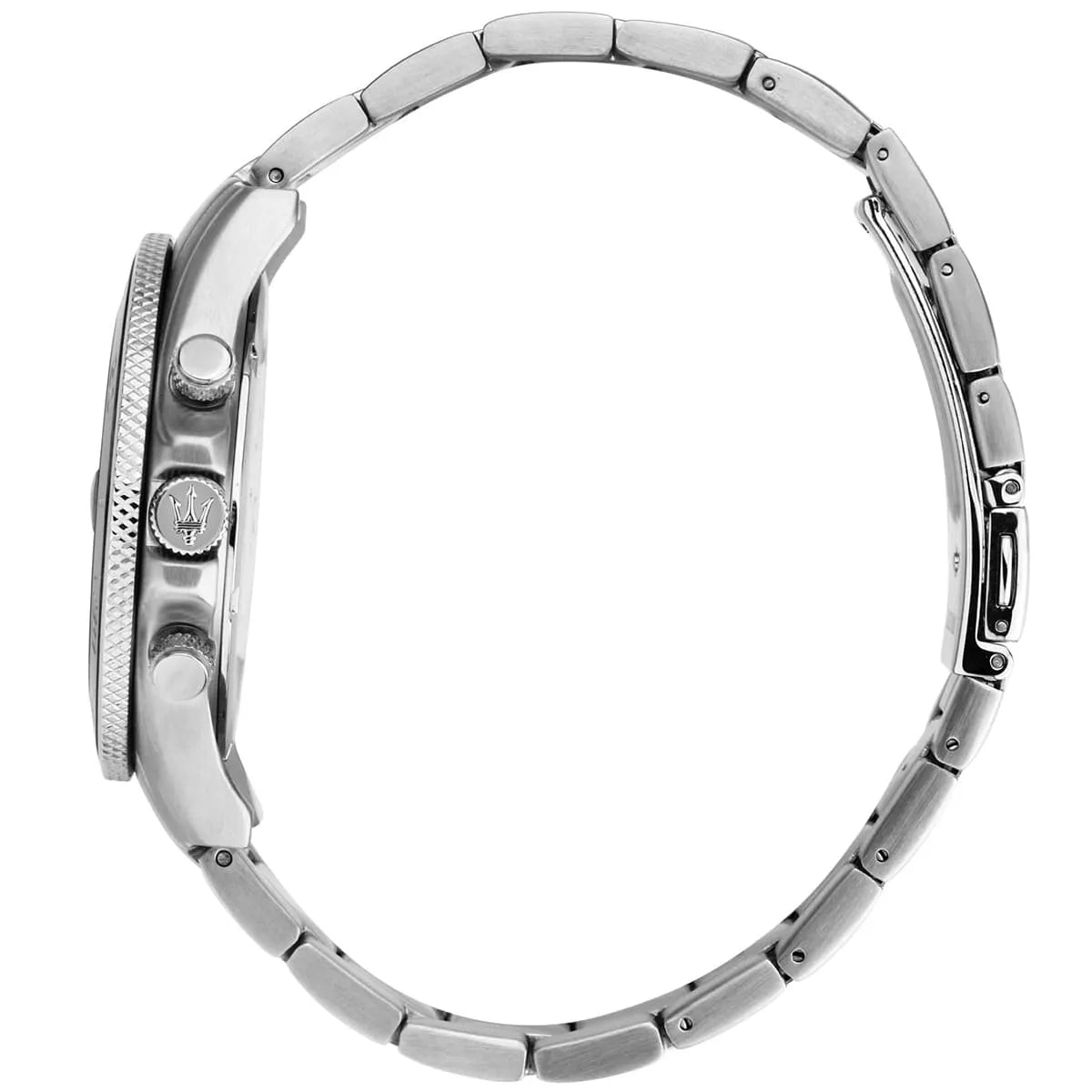 Maserati Competizione watch side view showing chronograph pushers and stainless steel bracelet