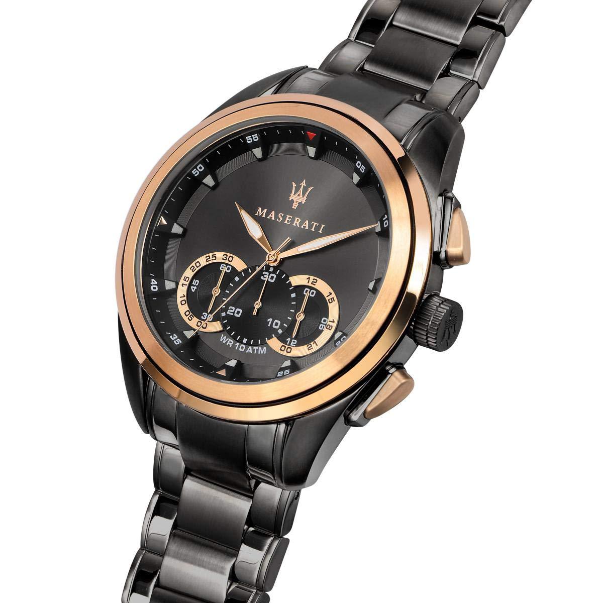 Angled view of Maserati watch showing black dial, dual subdials, and rose gold accents