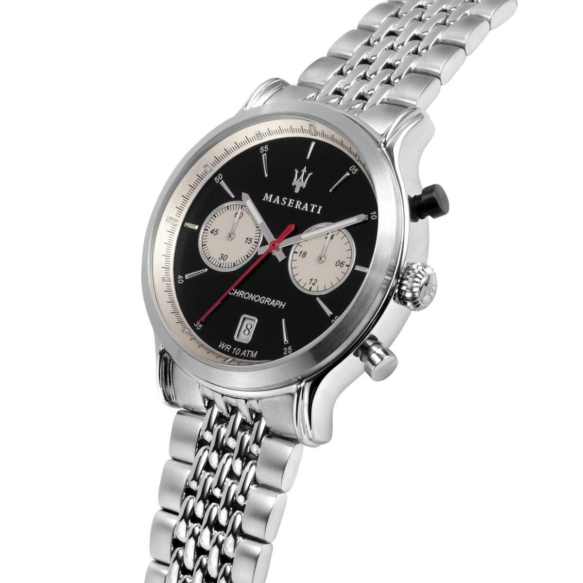 Maserati chronograph watch at angle showing black dial, subdials, and stainless steel bracelet