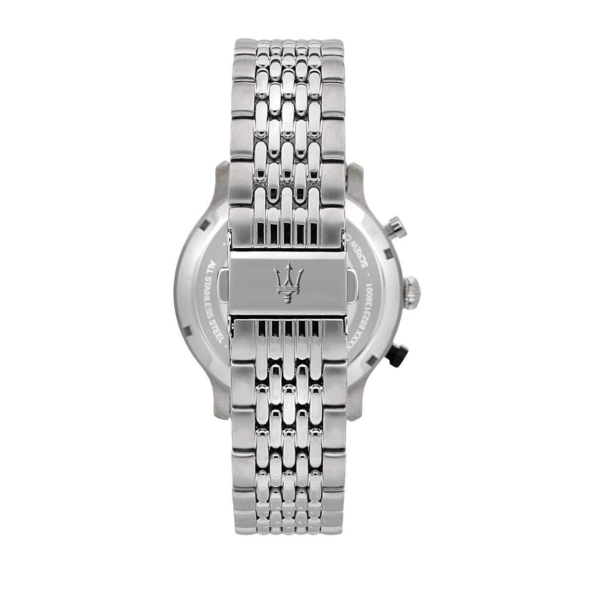 Maserati watch caseback with Maserati trident logo and stainless steel bracelet