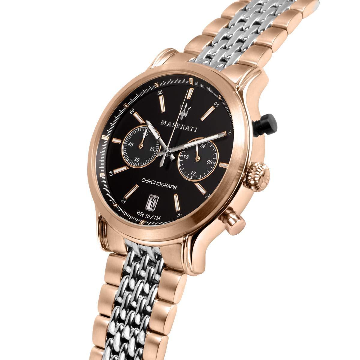 Angled view of Maserati chronograph with black dial, subdials, rose gold case and mixed metal bracelet