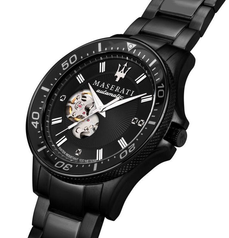 Maserati Sfida Diamonds watch angled view with visible skeleton movement and open heart