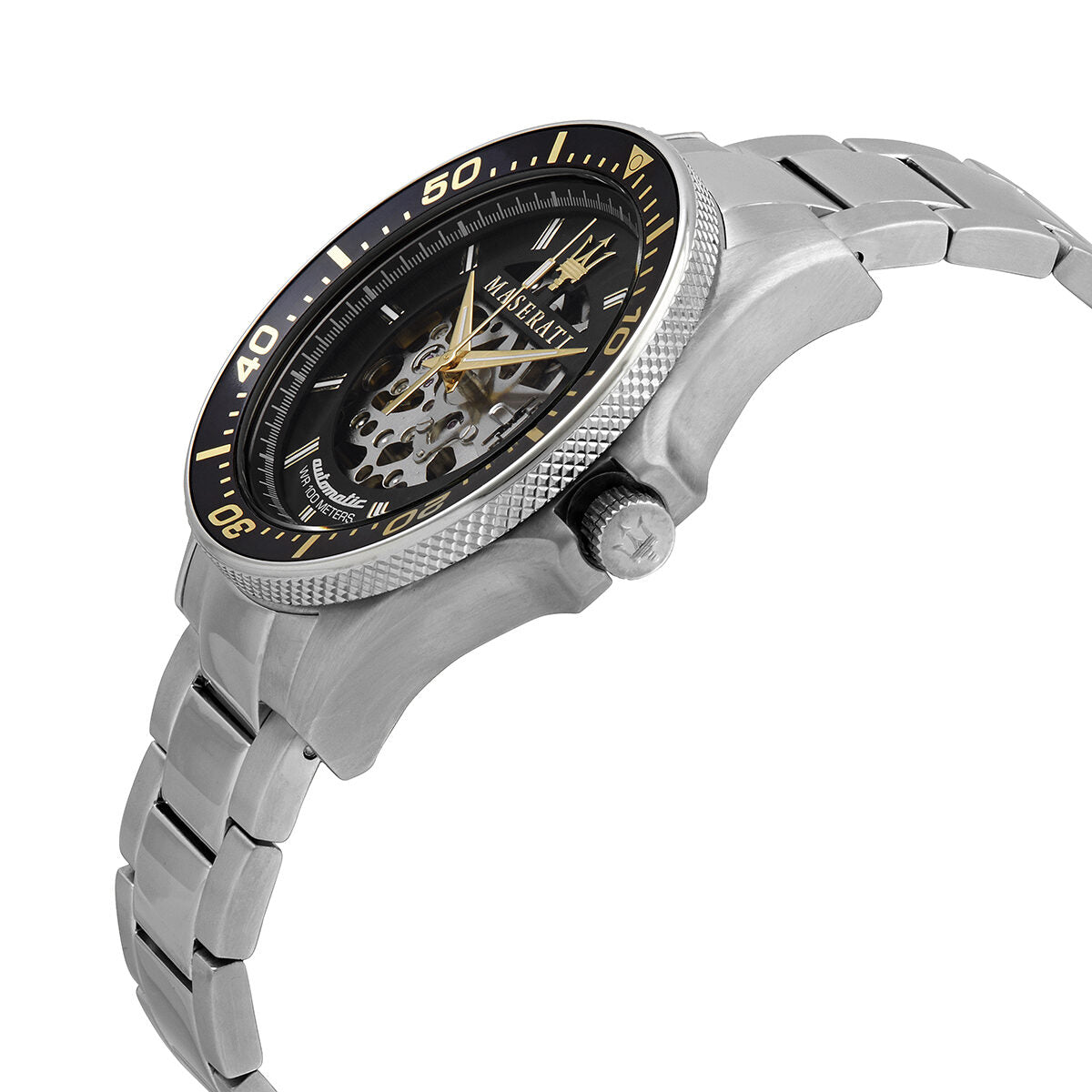 Side angle view of Maserati Sfida automatic watch on stainless steel bracelet