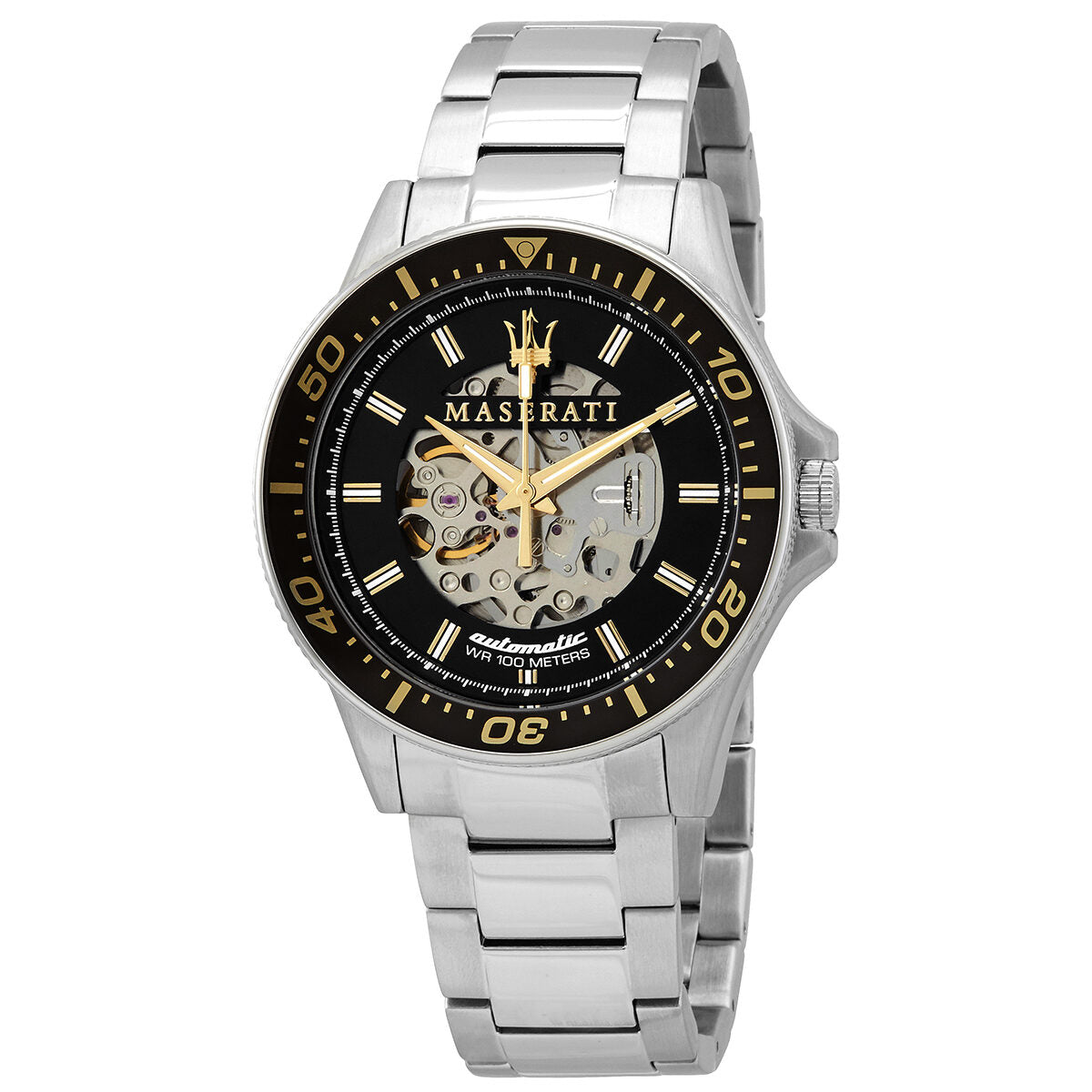 Maserati Sfida automatic watch with black skeleton dial, golden hands, and stainless steel bracelet
