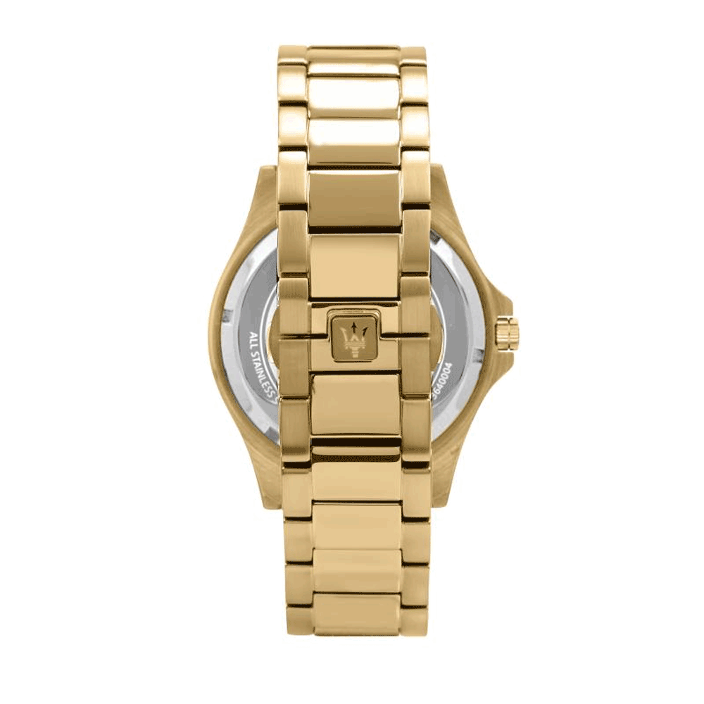 Maserati Sfida watch caseback showing yellow gold-toned stainless steel bracelet and back