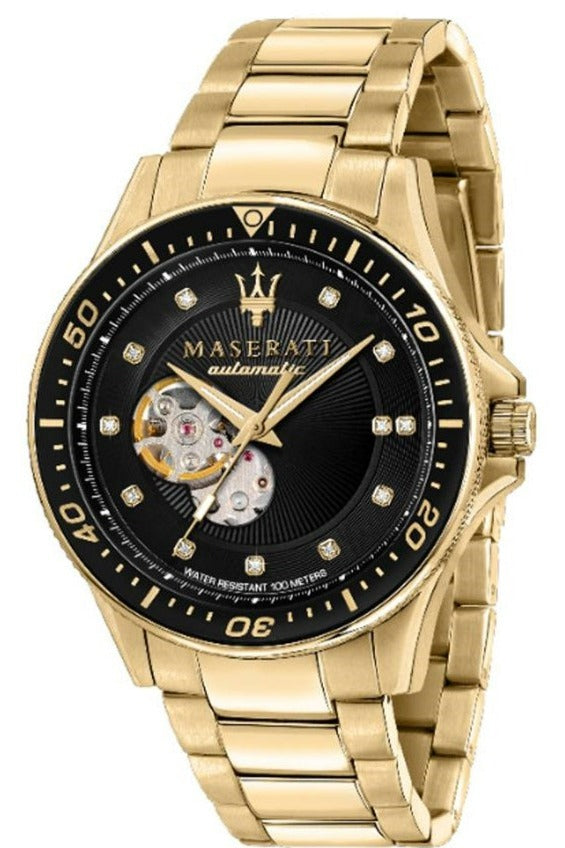 Maserati Sfida black dial yellow gold-toned men's watch with open heart dial and diamond markers