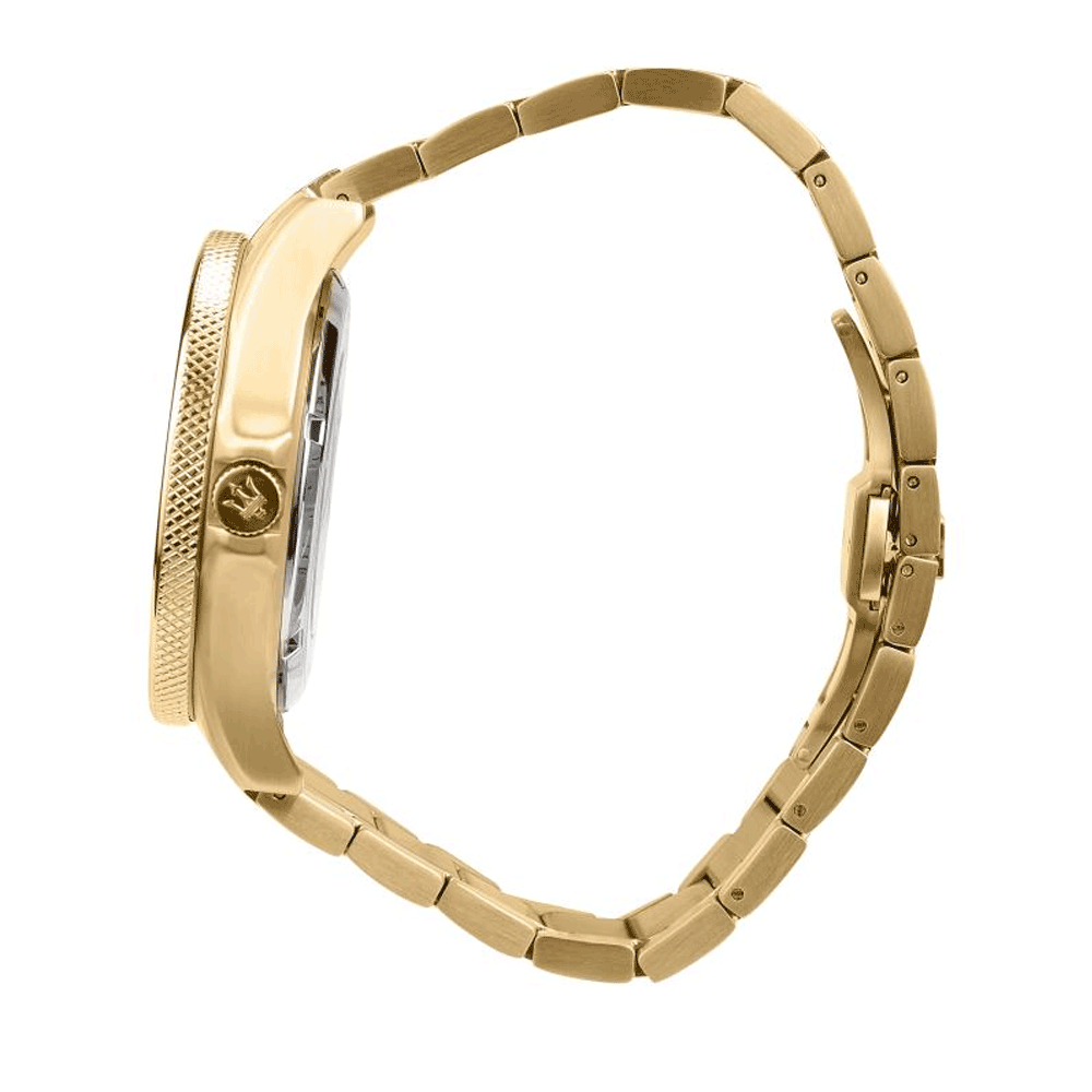 Yellow gold-toned stainless steel bracelet and case profile of Maserati Sfida watch