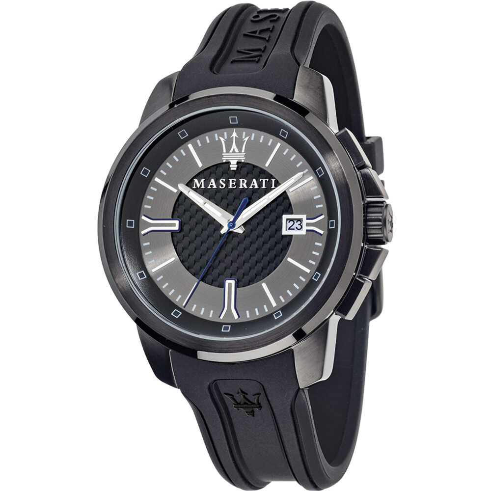 Maserati Sfida men's watch with black dial, silver hour markers, and black rubber strap