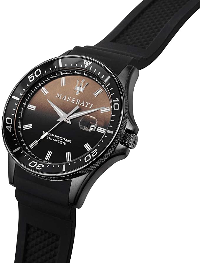 Angled view of Maserati Sfida watch with black silicone strap and gradient dial