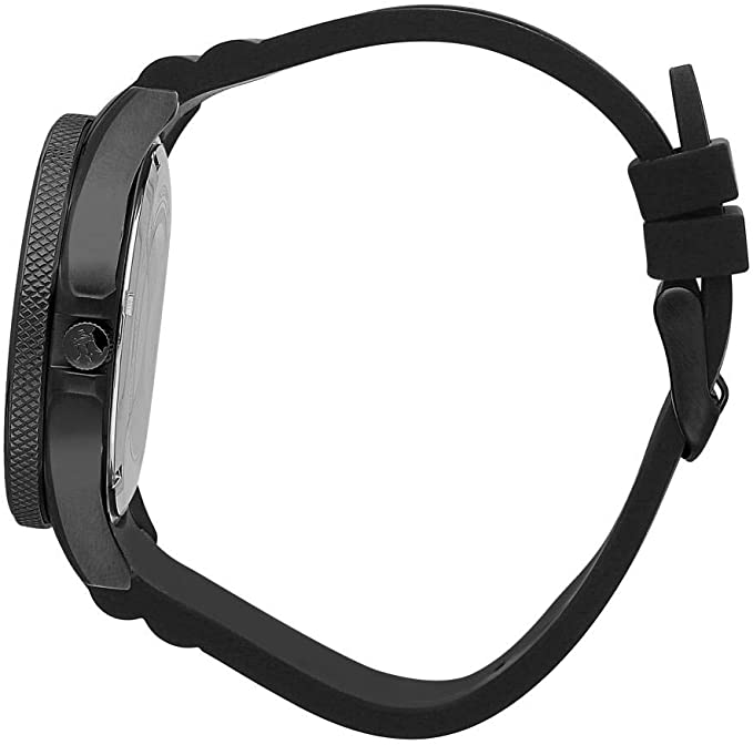Side view of Maserati Sfida watch showing black case and black silicone strap