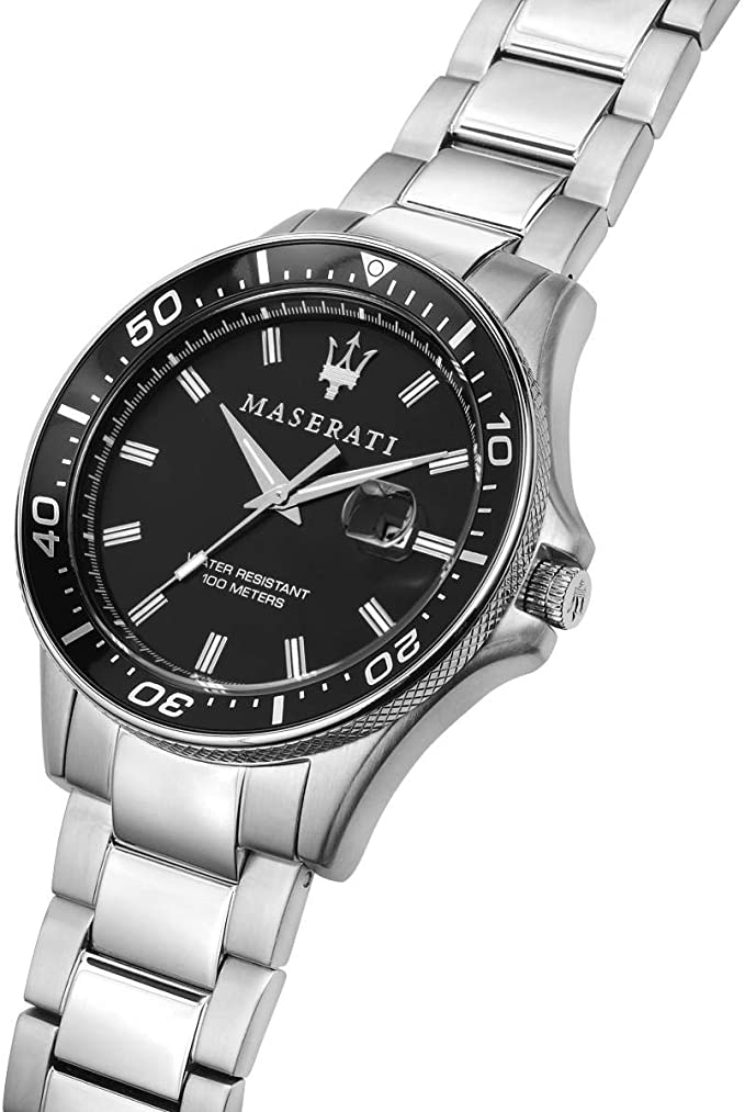 Angled view of Maserati Sfida watch showing black dial, case, and silver bracelet details