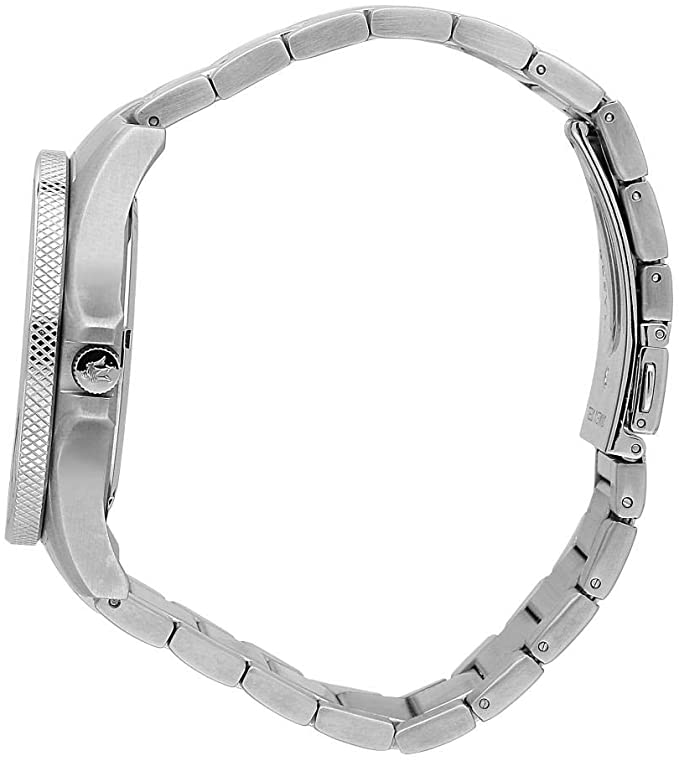 Side view of Maserati Sfida watch showing silver stainless-steel bracelet and case profile