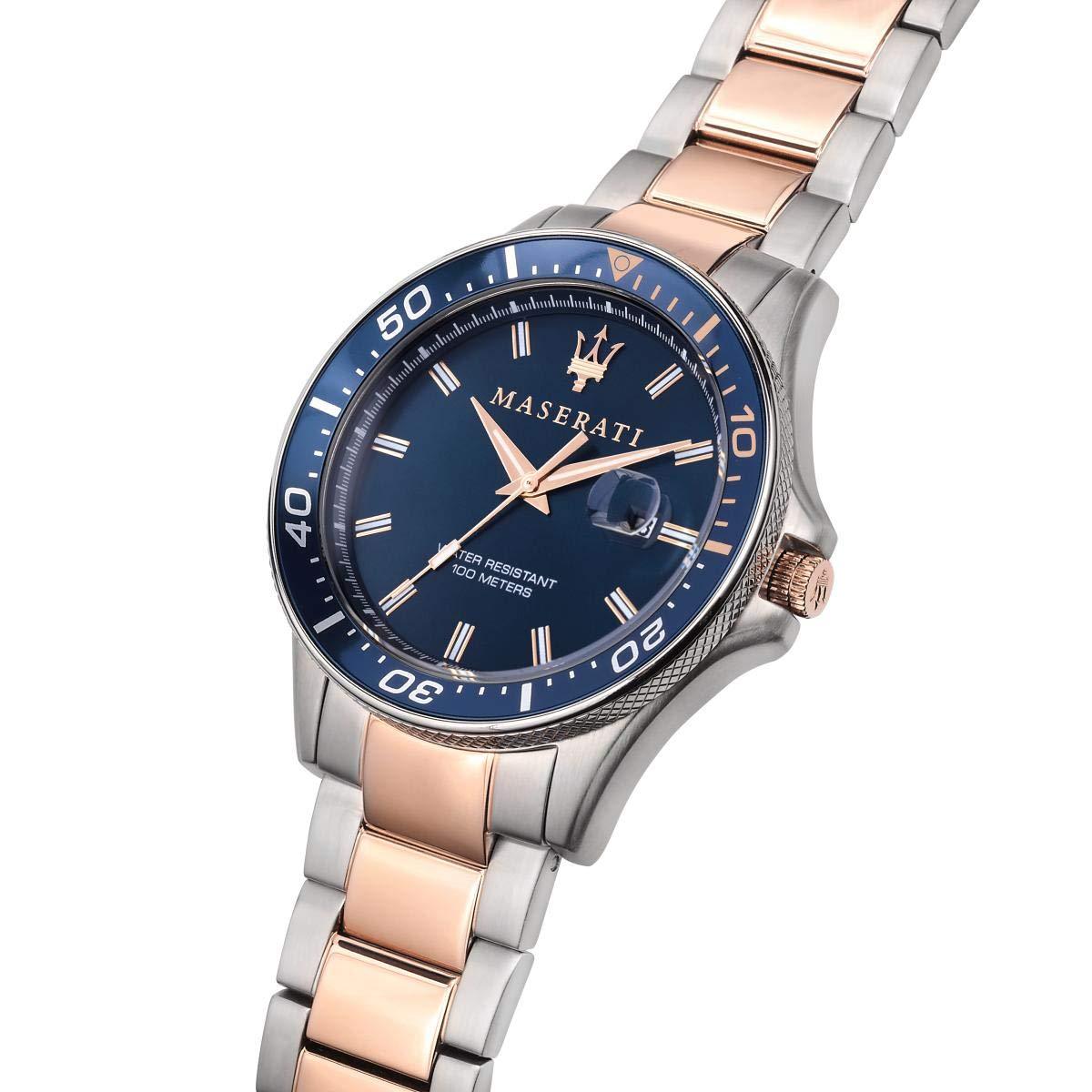 Angled view of Maserati Sfida watch with blue dial and two-tone metal bracelet
