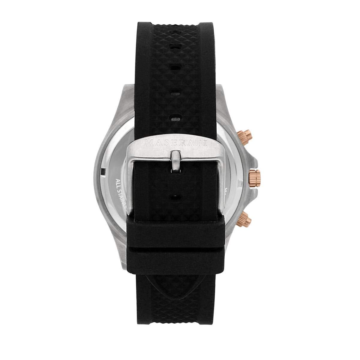 Caseback view of Maserati Sfida watch with black rubber strap