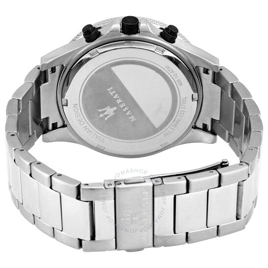 Stainless steel caseback of Maserati Sfida chronograph watch showing Maserati branding