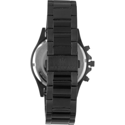 Caseback view of Maserati Sfida chronograph with black stainless steel bracelet