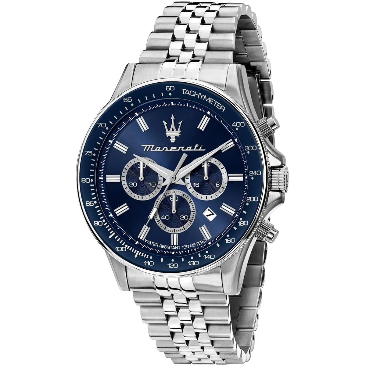 Maserati Sfida Sport men's chronograph watch with blue dial, white hour markers, and tachymeter bezel