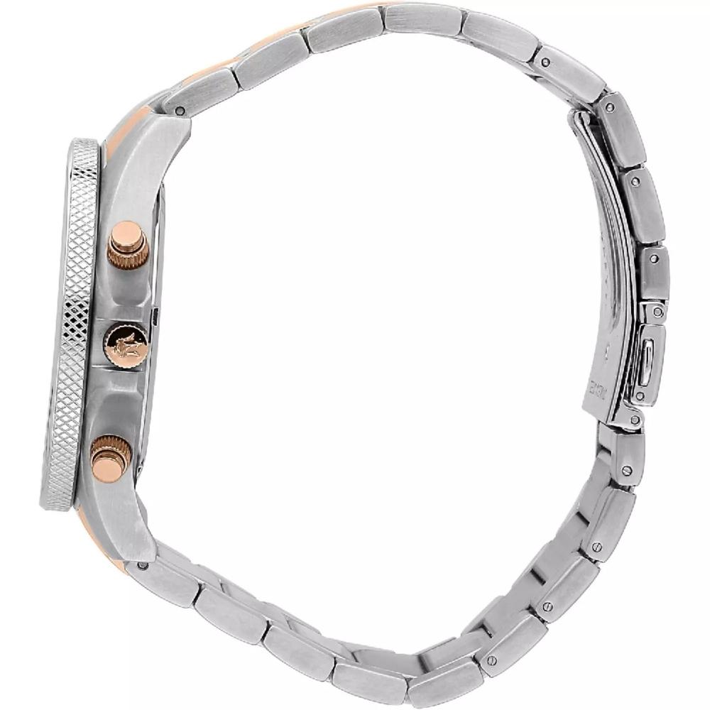 Side view of Maserati Sfida watch showing two-tone stainless steel bracelet and chronograph pushers