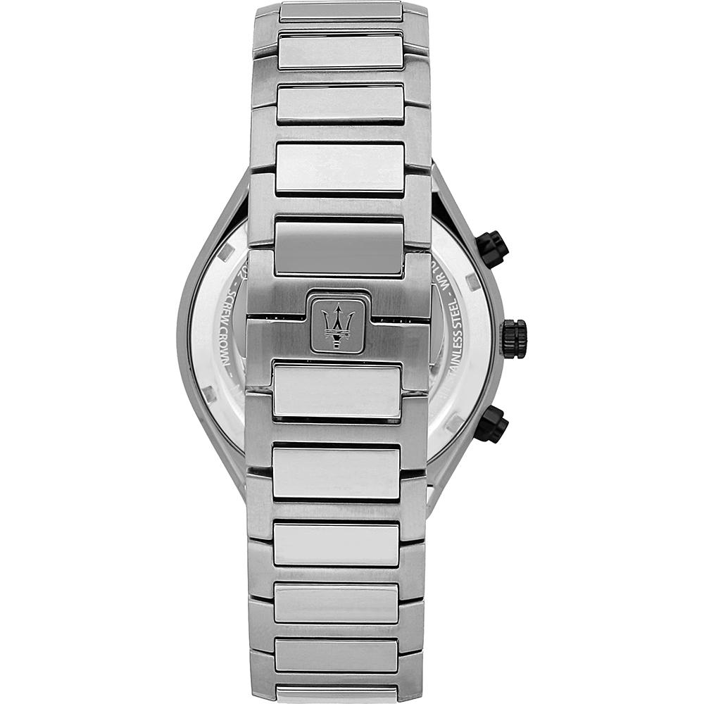 Back view of Maserati Stile chronograph watch showing caseback and stainless steel bracelet