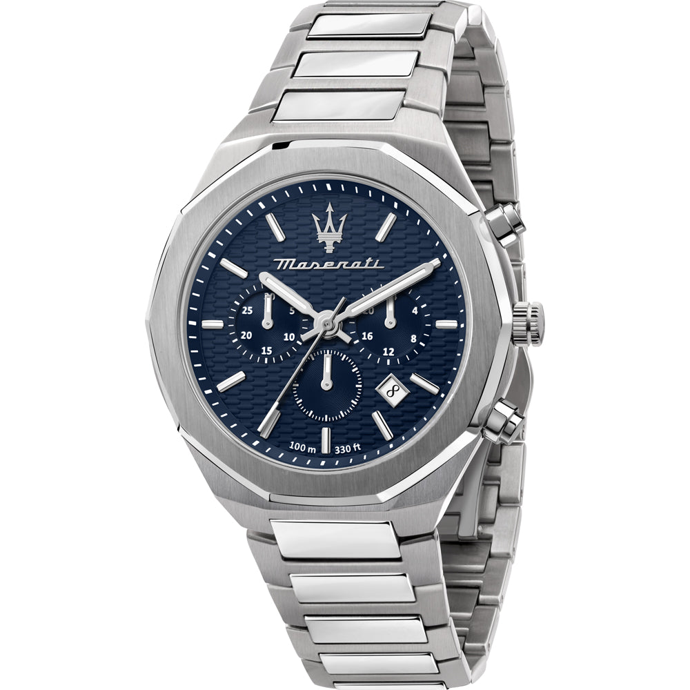 Maserati Stile Chronograph silver men's watch with blue dial and chronograph subdials