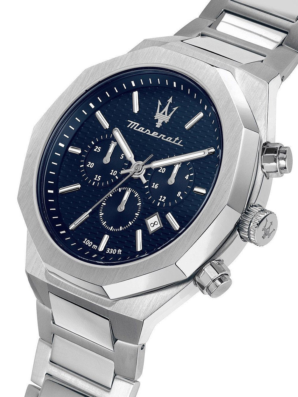 Maserati Stile Chronograph watch angled view showing silver case and blue chronograph dial